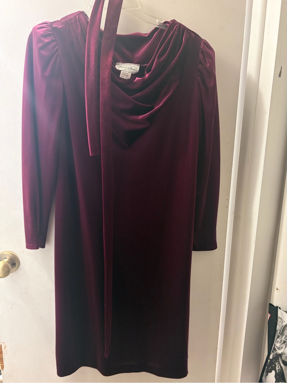 Women's Burgundy Velvet Long-Sleeve Dress with Draped Cowl Neck